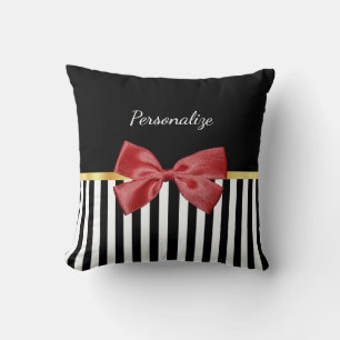 Classy Red Bow Black and White Stripes With Name Throw Pillow