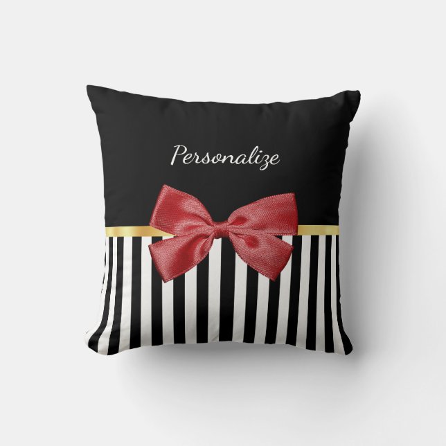Classy Red Bow Black and White Stripes With Name Throw Pillow (Front)