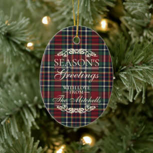 Classy Red Dark Teal Blue Floral Holiday Wreath Ceramic Ornament