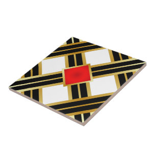 Classy Red Gold Black Square within a Square Tile