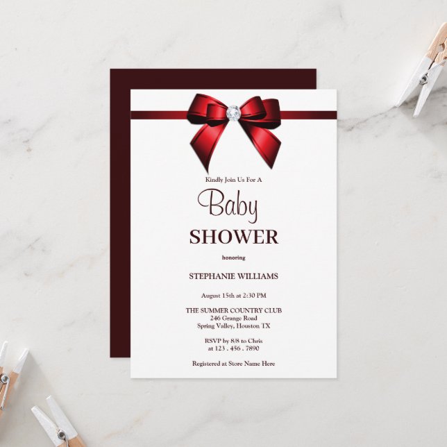 Classy Red Jewel Bow Baby Shower Invitation (Front/Back In Situ)