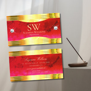 Classy Red Marble Shiny Gold Borders with Monogram Business Card