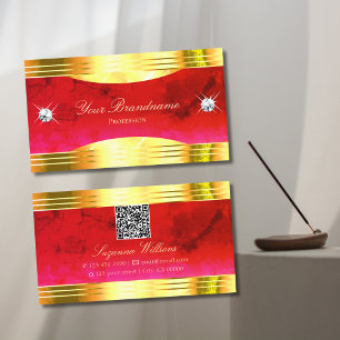 Classy Red Marble Shiny Gold Borders with QR Code Business Card