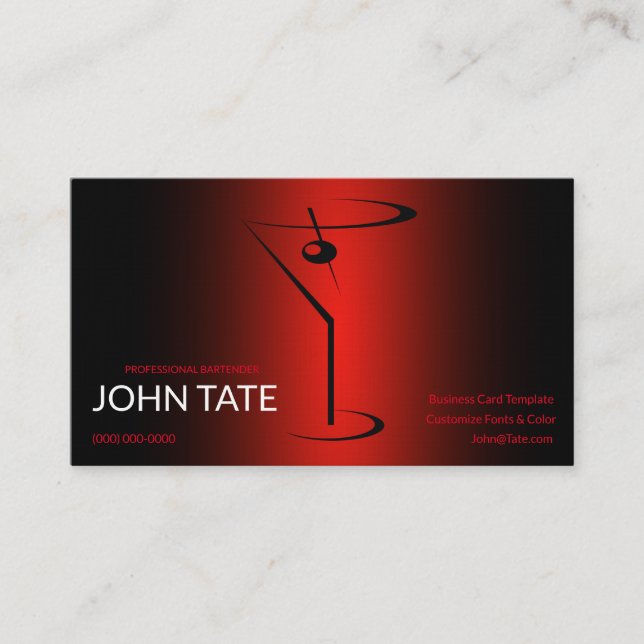 Classy Red Martini Metallic Bartender Template Business Card (Front)