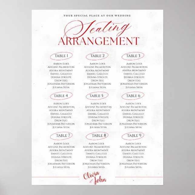 Classy Red Minimalist Wedding Seating Chart Poster (Front)