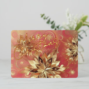 Classy Red Pink Abstract Snowflake Floral Art Gold Foil Holiday Card