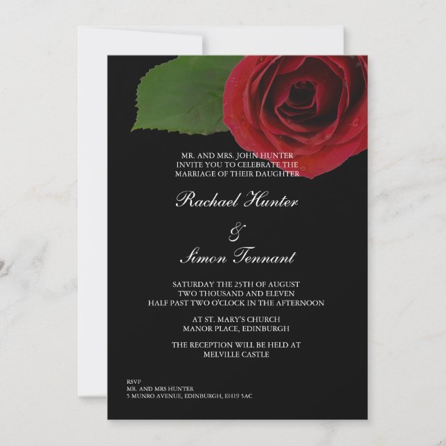 Classy Red Rose Wedding Invitiation -Black Invitation (Front)