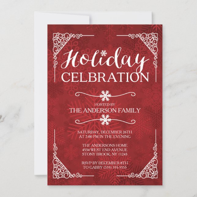 Classy Red Snowflake Holiday Celebration Party Invitation (Front)