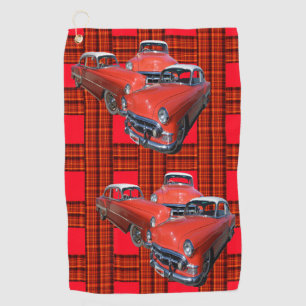 Classy Red Vintage Cars On Red Tartan, Golf Towel