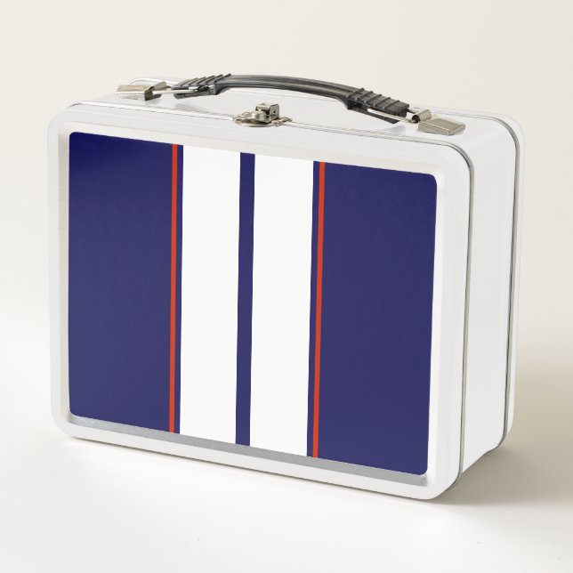 Classy Red, White, and Blue Racing Stripes Metal Lunch Box (Front)