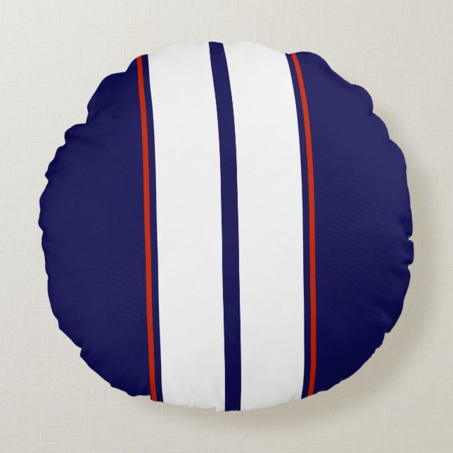Classy Red, White, and Blue Racing Stripes Round Pillow (Front)