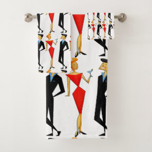 Classy Retro 50s Couple Cocktail Party Red Black Bath Towel Set
