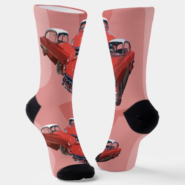Classy Retro Red White Vintage Classic Cars, Socks (Angled)