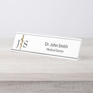 Classy Rod of Asclepius Gold on White Medical Desk Name Plate