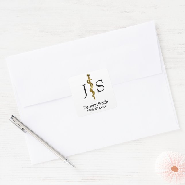 Classy Rod of Asclepius Gold on White Medical Square Sticker (Envelope)
