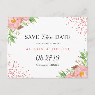 Classy Rose Gold Dots Floral Wedding Save the Date Announcement Postcard