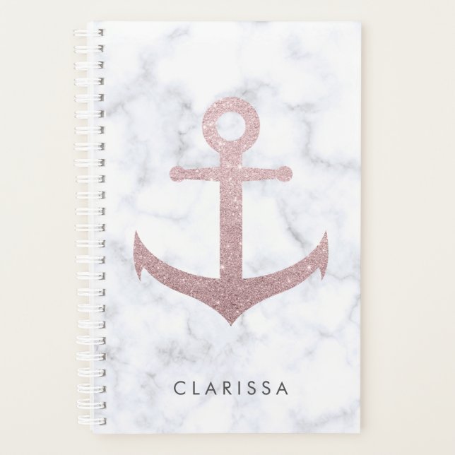 Classy rose gold glitter anchor & white marble planner (Front)