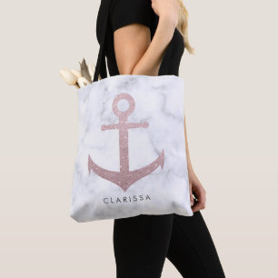 Classy rose gold glitter anchor & white marble tote bag