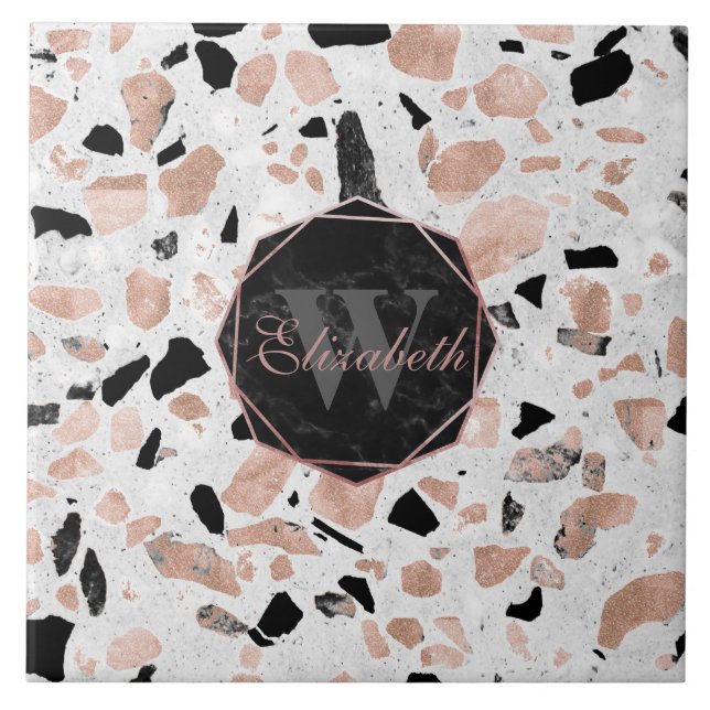 Classy rose gold vintage marble abstract terrazzo tile (Front)