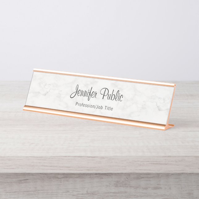 Classy Rose Gold White Marble Modern Elegant Desk Name Plate (Front)