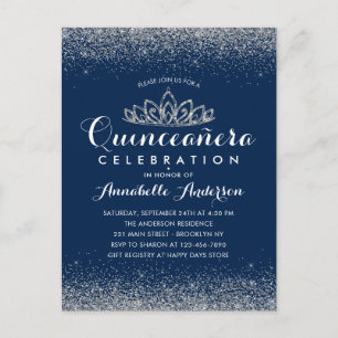 Classy Royal Blue Quinceañera Silver Tiara Glitter Postcard