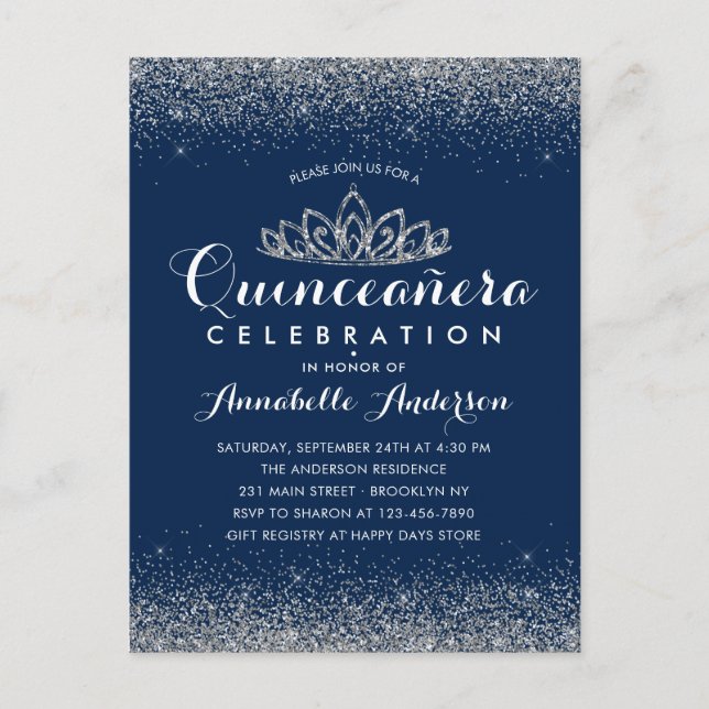 Classy Royal Blue Quinceañera Silver Tiara Glitter Postcard (Front)