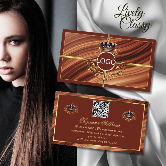 Classy Royal Brown Gold Crown with Logo QR Code Business Card (Creator Uploaded)