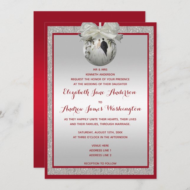 Classy Ruby Red & Sparkly Bauble Christmas Wedding Invitation (Front/Back)