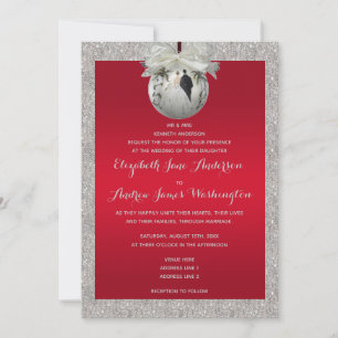 Classy Ruby Red & Sparkly Bauble Christmas Wedding Invitation