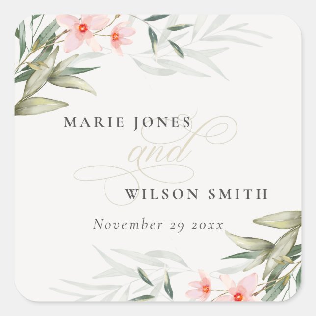 Classy Rustic Blush Greenery Floral Bunch Wedding Square Sticker (Front)