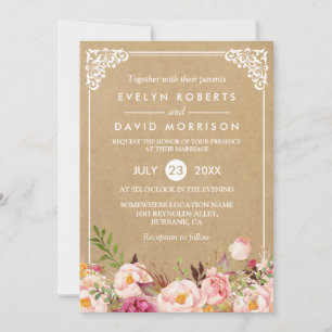 Classy Rustic Floral Frame Kraft Formal Wedding Invitation