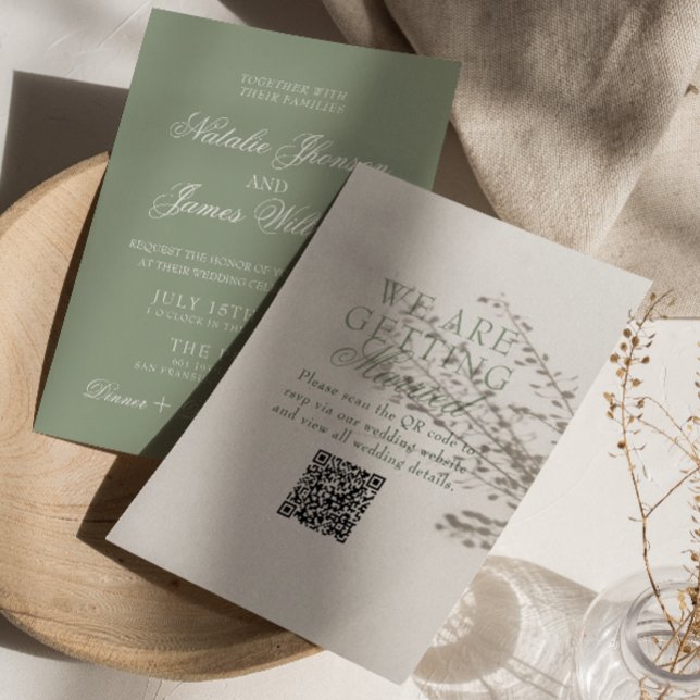 Classy Sage Green Boho Modern QR Code Wedding Invitation (Creator Uploaded)