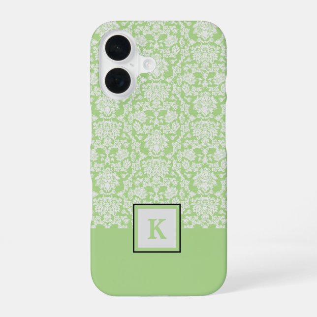 Classy Sage Green Damask Pattern Monogram Tote Bag iPhone 16 Case (Back)