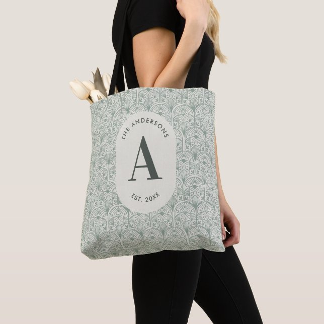 Classy sage green family monogram elegant cornhole tote bag (Close Up)