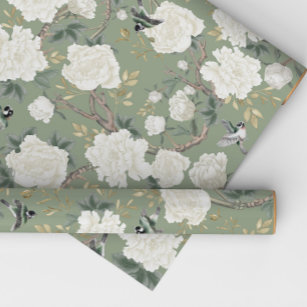 Classy Sage Green White Chinoiserie Flowers Birds Wrapping Paper