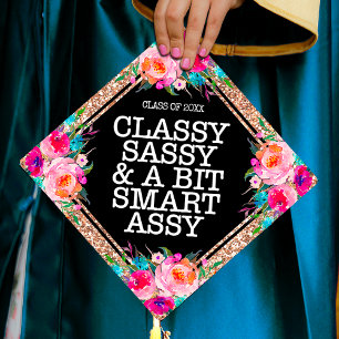Classy Sassy Pink Floral Rose Gold Glitter Year Graduation Cap Topper