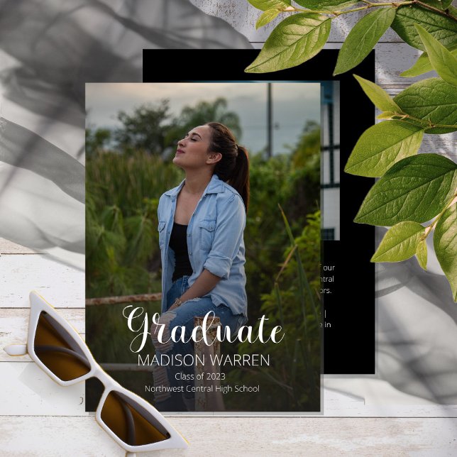 Classy Script Graduate Two Photo Graduation Black Invitation (Creator Uploaded)
