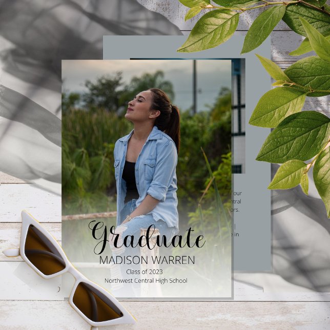 Classy Script Graduate Two Photo Graduation Gray Invitation (Creator Uploaded)