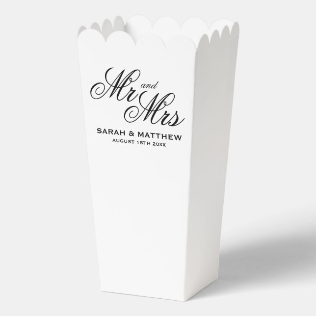 Classy script Mr and Mrs wedding party popcorn Favor Box (Front)