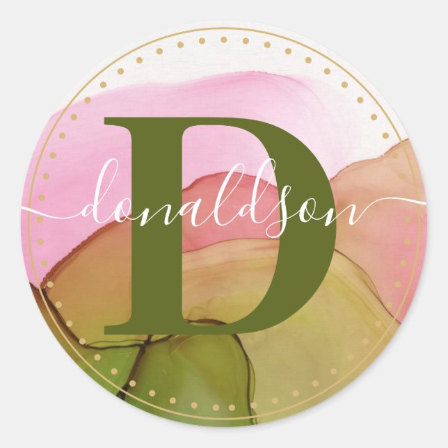 Classy Script Name & Intial | Pink & Green  Classic Round Sticker (Front)