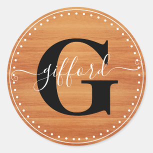 Classy Script Name with Intial Wood Look Classic Round Sticker