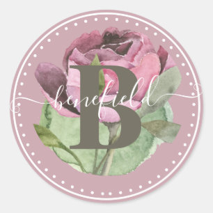 Classy Script Name with Mauve Flower Design Classic Round Sticker