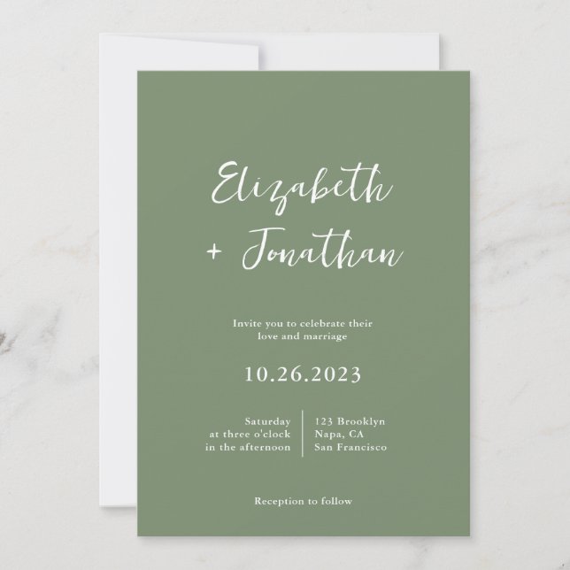 Classy Script Photo Sage Green Wedding Invitation (Front)