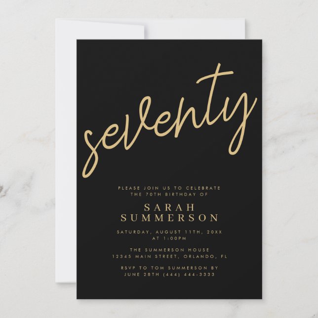 Classy Script Seventy Black Gold 70th Birthday Invitation (Front)
