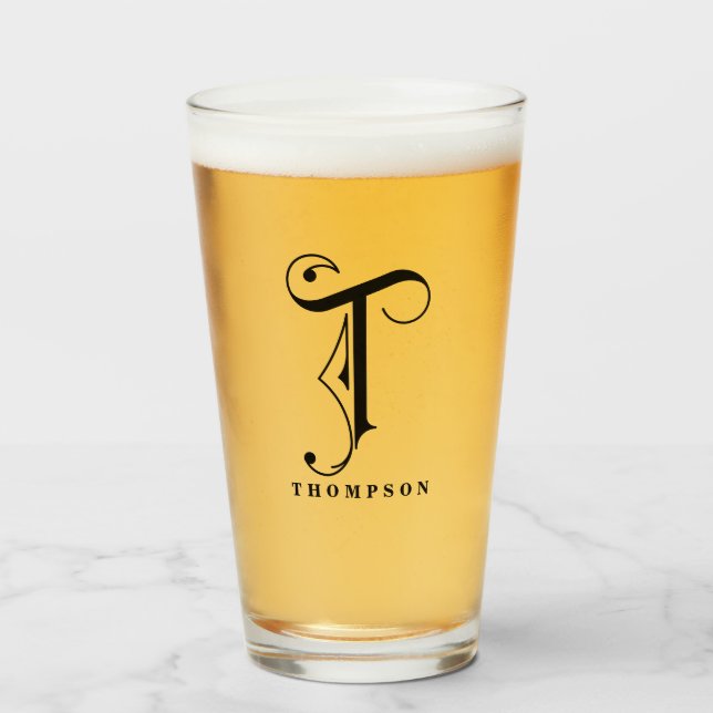 Classy Scroll Monogram Initial T with Last Name  Glass (Front Filled)