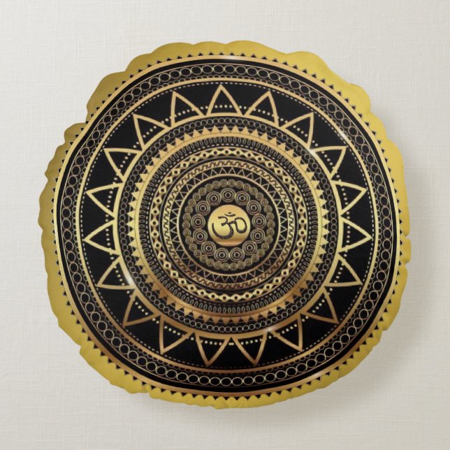 Classy Shiny Black & Gold OM Symbol Mandala Round Pillow (Front)