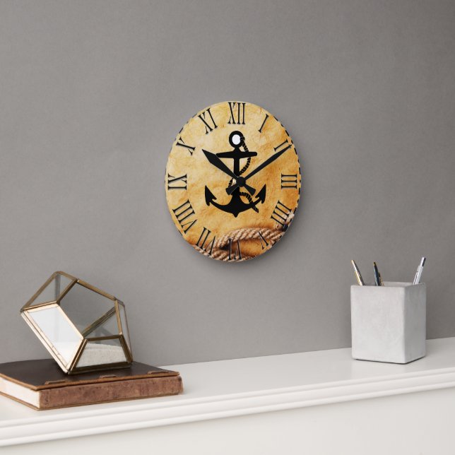 Classy Ship Anchor Boat Rope Gold Color  Round Clock (Office)