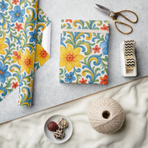Classy Sicilian Colorful Leaves Floral Art Pattern Wrapping Paper