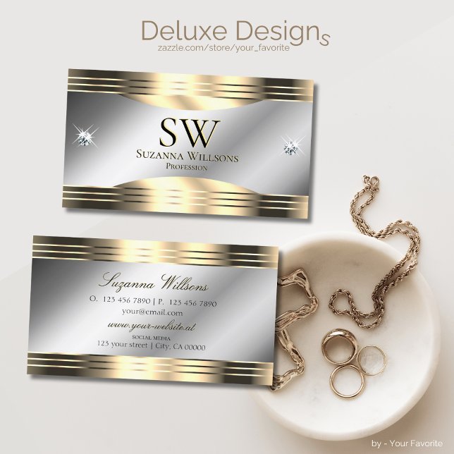 Classy Silver and Gold Shiny Diamonds and Monogram Business Card (Creator Uploaded)