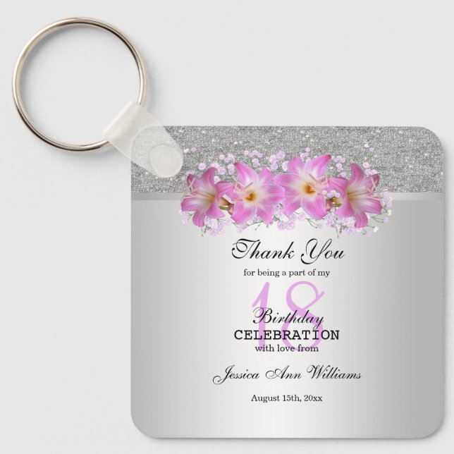 Classy Silver & Belladonna Lilies 18th Birthday   Keychain (Front)